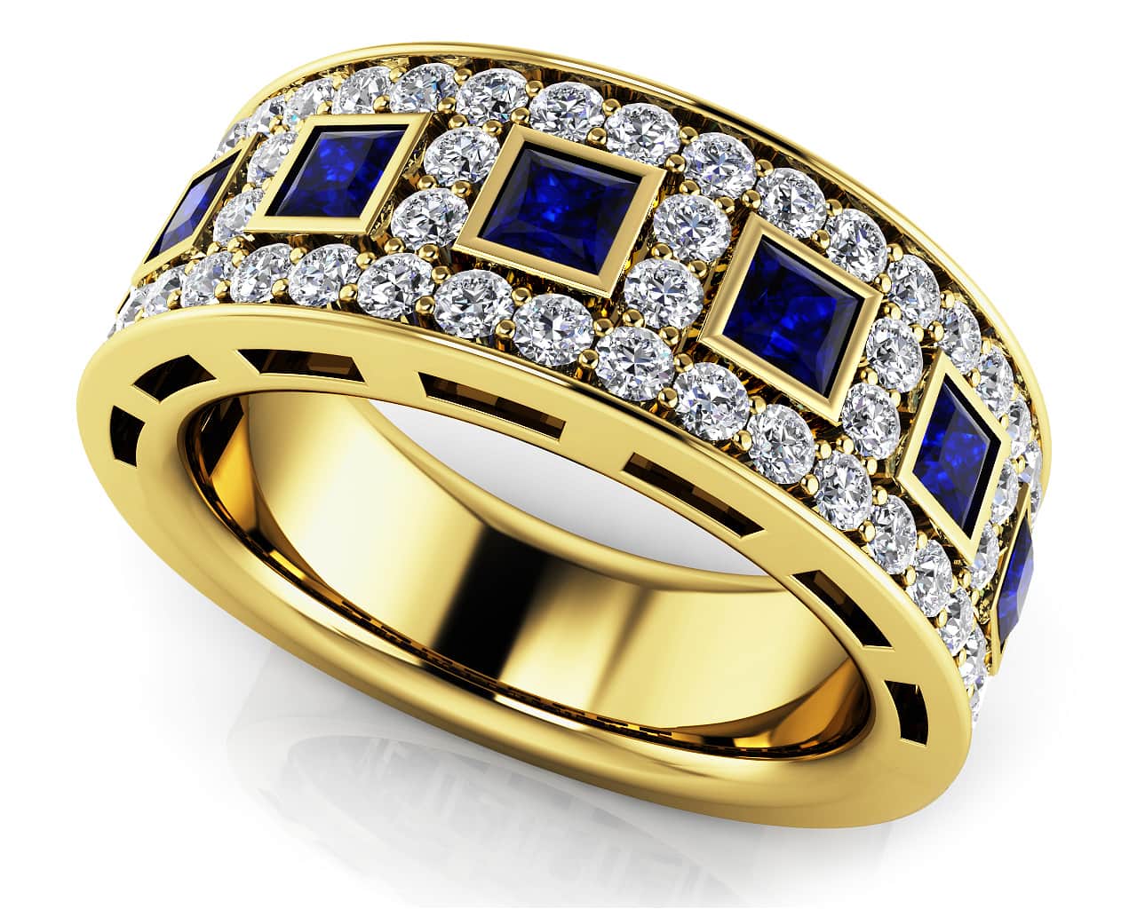 Princess Cut Gemstone And Four Row Diamond Ring In White Yellow Or Rose Gold